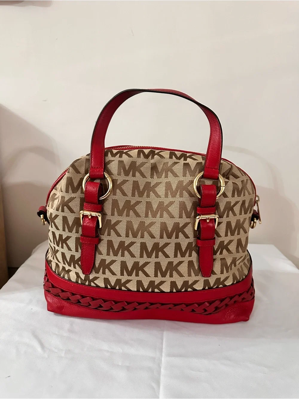 Michael Kors Beige MK Monogram Satchel with Red Trim